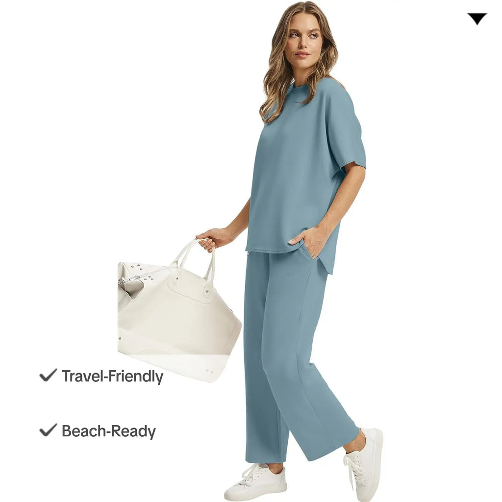 Women Summer Outfits Oversized Wide Leg Crop Pants Lounge Sets Airport Beach Vacation Clothes