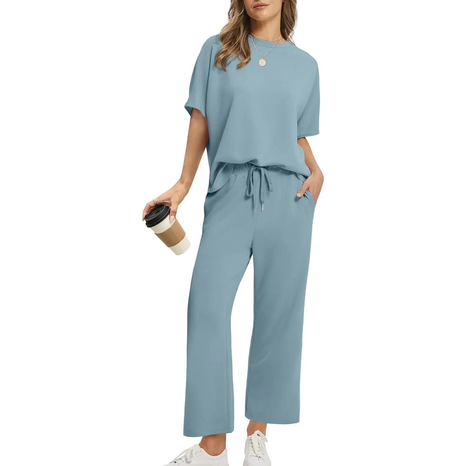 Women Summer Outfits Oversized Wide Leg Crop Pants Lounge Sets Airport Beach Vacation Clothes
