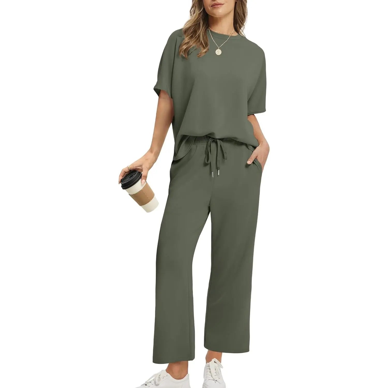 Women Summer Outfits Oversized Wide Leg Crop Pants Lounge Sets Airport Beach Vacation Clothes