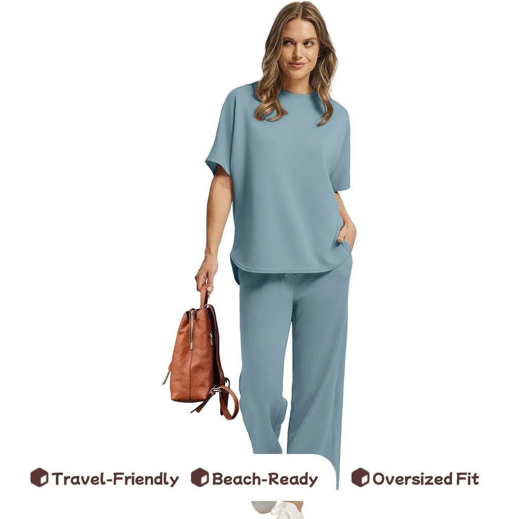 Women Summer Outfits Oversized Wide Leg Crop Pants Lounge Sets Airport Beach Vacation Clothes