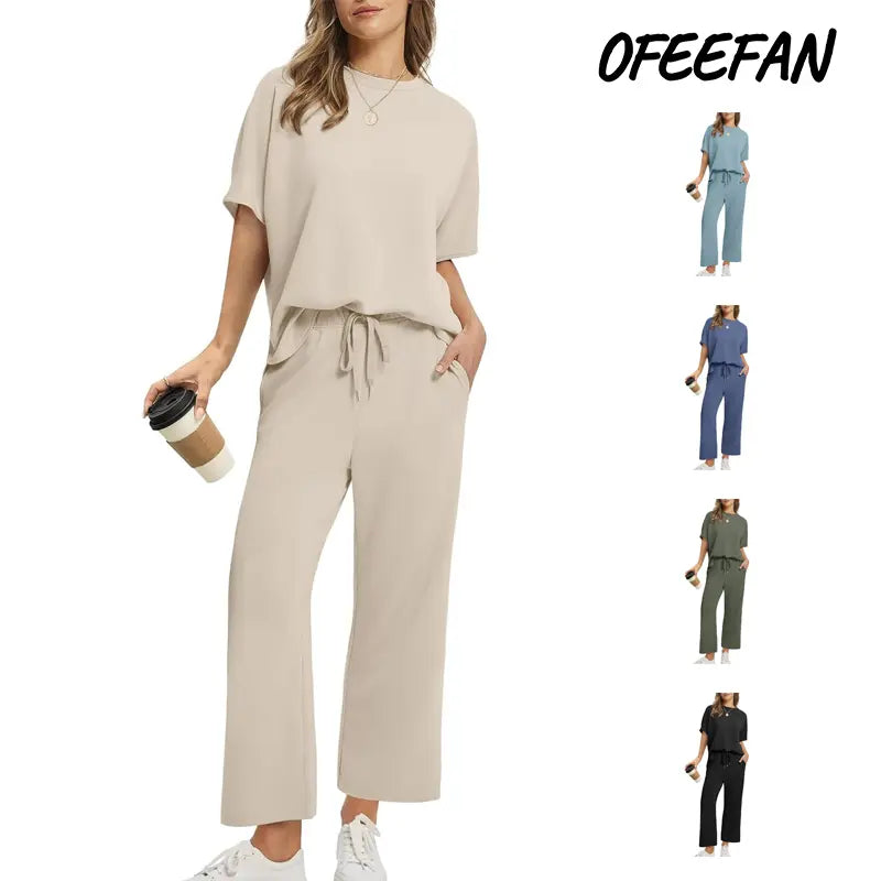 Women Summer Outfits Oversized Wide Leg Crop Pants Lounge Sets Airport Beach Vacation Clothes