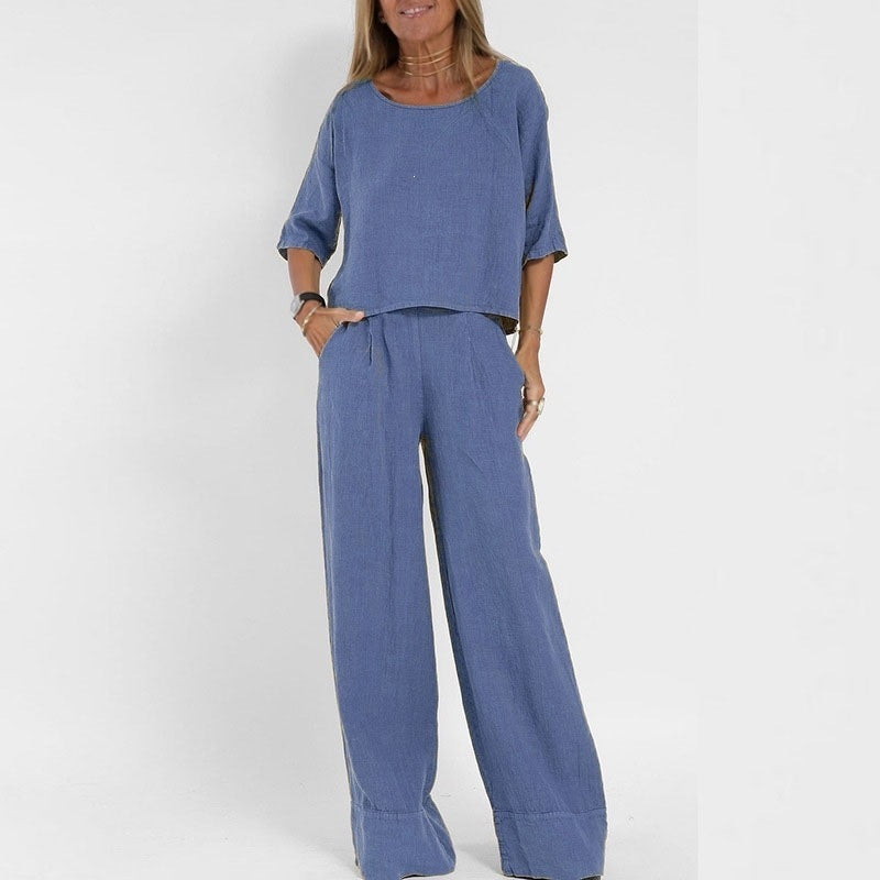 Elegant Solid Color Puff Sleeve Top And Pant Set