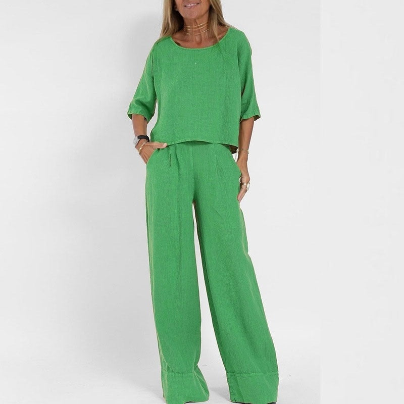 Elegant Solid Color Puff Sleeve Top And Pant Set