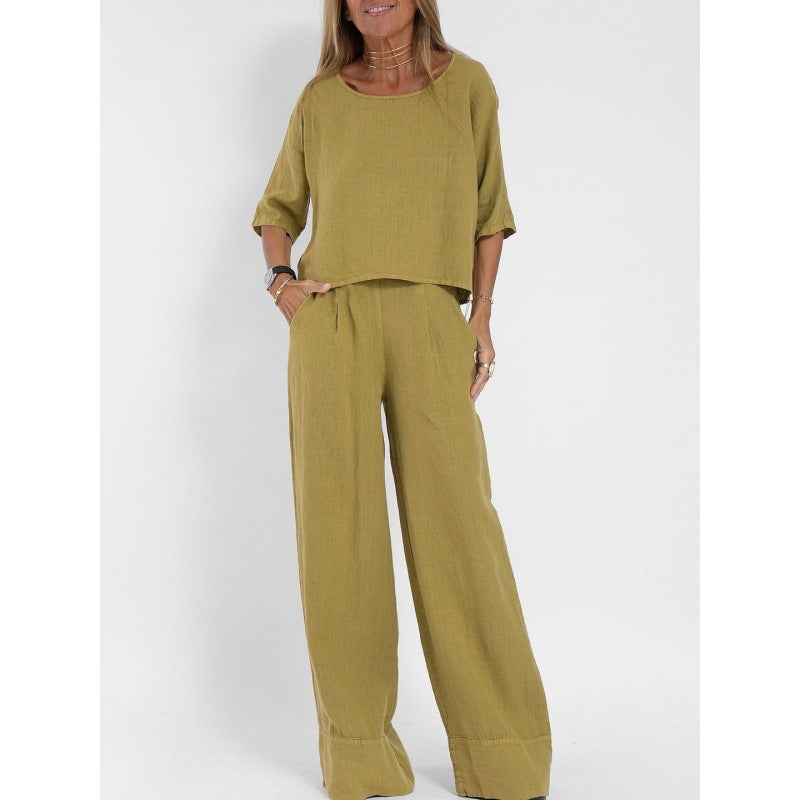 Elegant Solid Color Puff Sleeve Top And Pant Set